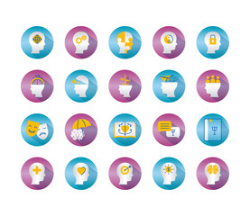 heads and mental health icon set over white background, block gradient style