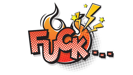 Fuck, wtf halftone expression text on a Comic fire bubble. Raster illustration of a bright and dynamic cartoonish image in retro pop art style isolated on white background