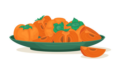 A plate of ripe persimmons. Persimmon whole and pieces. Vector illustration of fruit.