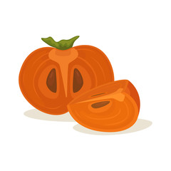 Ripe persimmon with a green leaf. Vector illustration of fruit.