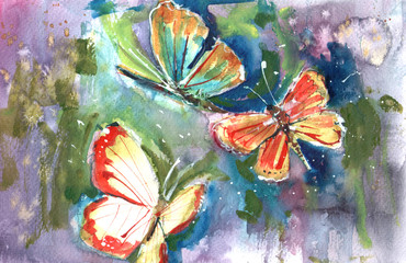 Hand drawn watercolor butterflies illustration 