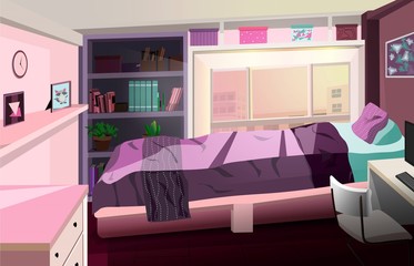 Room design in purple tones with window lighting