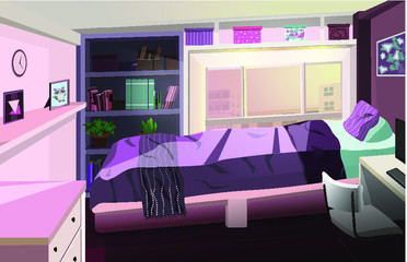 Room design in purple tones with window lighting