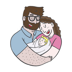 Lovely Beautiful Couple Holding Baby in Their Arms Simple Character Design.