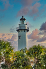 A white brick lighthouse