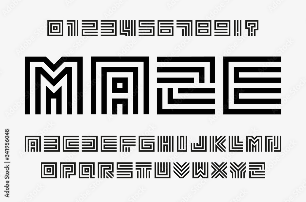 Fototapete Linear labyrinth letters and numbers set. Line maze style alphabet. Contout geometric font, type for lineart logo and monogram concept. Outline vector typography design
