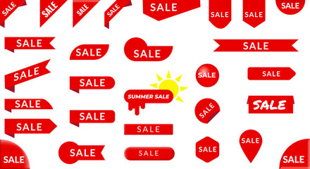 A set of red sale labels and tags for web and design. Discount signs.