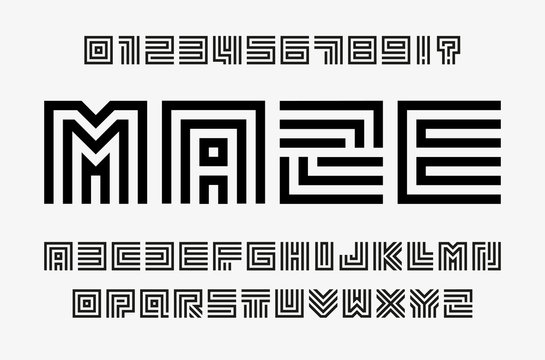 Linear labyrinth letters and numbers set. Line maze style alphabet. Contout geometric font, type for lineart logo and monogram concept. Outline vector typography design