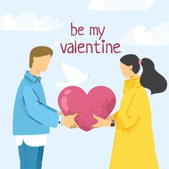 Valentine's day card. A man and a woman hold in their hands a heart on which sit two doves drawn by hand in a modern flat style. Concept posters about love between people. Cute vector illustration