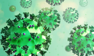 Colorful medical illustration of the coronavirus infection COVID-19. Stylized render of the low poly virus model on a light background.
