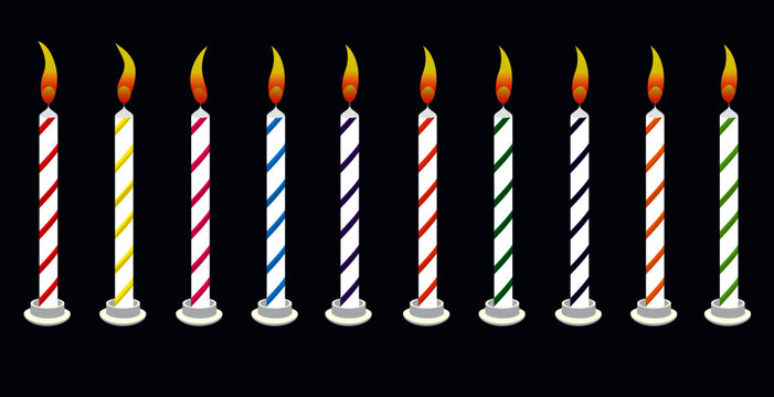 Set of burning  birthday candles Isolated on a black background Birthday Party Celebration Cake Candles with Flames  Illustration