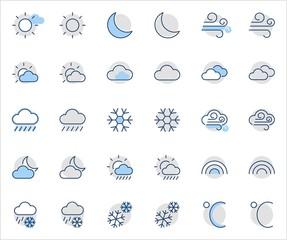 Set of Weather vector line icons. Contains symbols of the sun, clouds, snowflakes, wind, rainbow, moon and much more. Editable Stroke. 32x32 pixels.