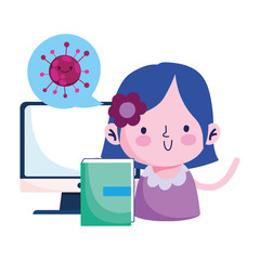 Girl book and computer with Covid 19 virus vector design