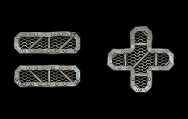 Mechanical alphabet made from rivet metal with gears on black background. Set of symbols equals and plus. 3D