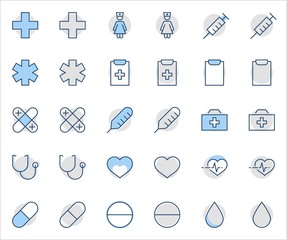 Set of Medicine vector line icons. It contains the first aid kit, nurse, syringe, thermometer, plastic, pills, heart, drop of blood, palpitation and much more. Editable Stroke. 32x32 pixels.