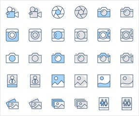 Set of Cameras and photo, vector line icons. Contains symbols of portraits and family photos and much more. Editable Stroke. 32x32 pixels