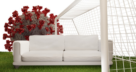 sofa soccer ball Coronavirus and soccer goal 3d-illustration