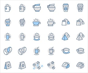 Set of Coffee and Tea Vector Line Icons. Contains such Icons as Cup of Tea, Teabags, Coffee beans and Green Tea Leaves, a pitcher of Water, Sugar Cubes and more. Editable Stroke. 32x32 Pixel Perfect