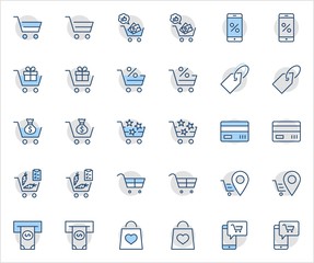 Shopping Cart Vector Line Icons Set: Money, ATM, List Products, Vegetables, Bank Card, Terminal, Bag, Favorite Shopping, Gifts, Express Checkout, Mobile Shop and more. Editable Stroke. 32x32 Pixel