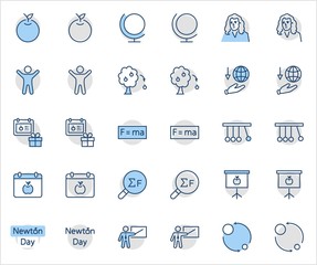 Newton's Day Set Line Vector Icon. Contains such Icons as Newton, Laws of physics and gravity, Flying Apple, Calendar, Teacher, blackboard and projector Editable Stroke. 32x32 Pixel Perfect