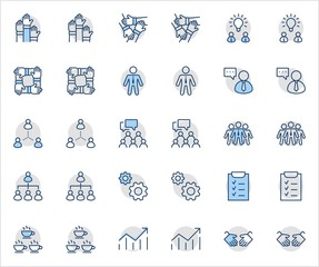 Set of Team Work Related Vector Line Icons. Contains such Icons as Handshake, Check, Idea, Coffee, Gears, Cooperation, Collaboration, Team Meeting and more. Editable Stroke. 32x32 Pixel Perfect