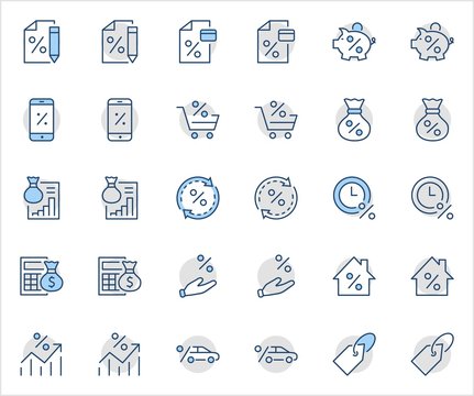 Set of Credit and Loan Related Vector Line Icons. Contains such Icons as Credit Card, Rate Calculator, Deposit and more. Editable Stroke. 320x320 Pixel Perfect