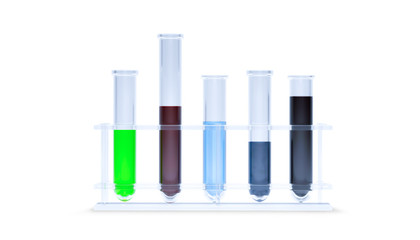 Colored liquids in five test tubes isolated on white background. Set of laboratory glassware. Science and medical glassware test tube, Chemical laboratory. 3d rendering