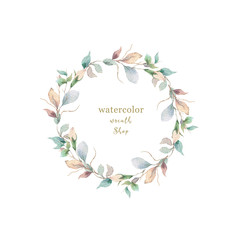 Watercolor illustration of a beautiful floral wreath with spring flowers. Hand drawn elegant light pink flowers on white background