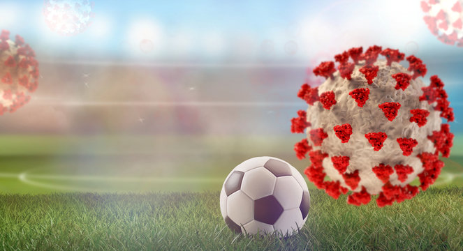 soccer ball and coronavirus and soccer stadium background 3d-illustration
