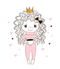 Little cute princess in a crown in pajamas holds a big cup in her hands. Hand sketch. Curly girl stands with a drink. Character for invitation, holiday, print. Doodle vector illustration
