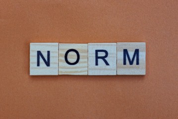 short gray word norm made of wooden square letters on brown background