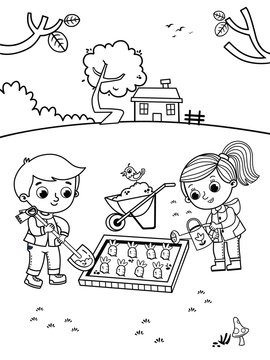 Black and white drawing of two kids gardening. Coloring page for kids. Vector illustration.