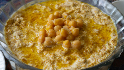 Arabic breakfast, Syrian food, healthy breakfast contains legumes and hummus