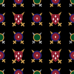 Heraldic ancient pattern with different shields and swords on the black background. Seamless ornament for textile, scrapbook, posters, books. Vector illustration