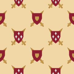 Royalty medieval pattern with red shields and swords on the gold background. Classic nobility ornament for textile, scrapbook, posters, books. Vector illustration