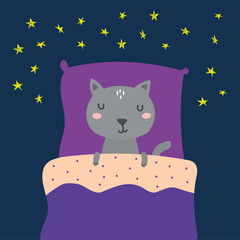 Hand drawn vector illustration of a cute funny sleeping cat. Scandinavian style flat design. Childish concept print for nursery, kids apparel,poster, postcard. Vector Illustration