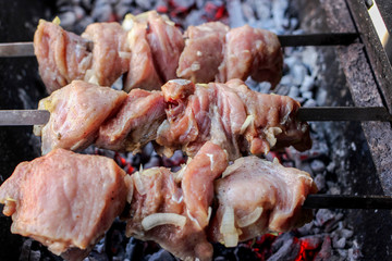 raw pork kebab, sshashlik or kebab, skewer, on the grill closeup