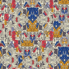 Modern bright seamless traditional ornaments suitable for printing children s textiles, and boys, girls. Geometric abstract illustration of horses on the street with houses. 