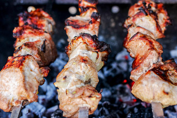 Grilled delicious pork kebab, shashlik or kebab, skewer, on the grill closeup