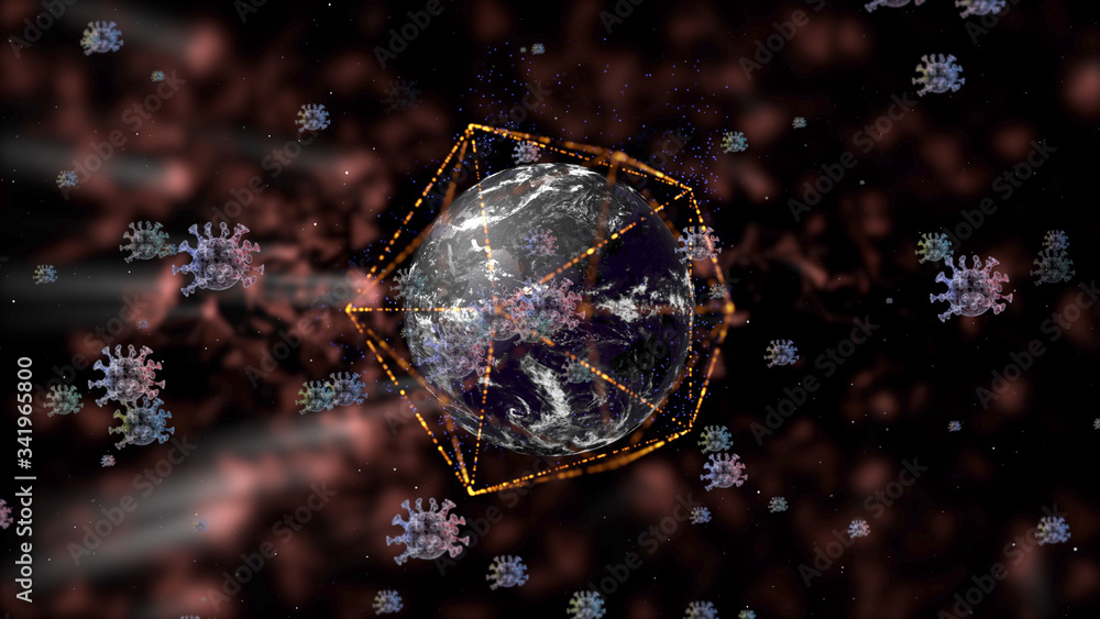 Poster 3d render of deadly virus attacking the planet over dark background.