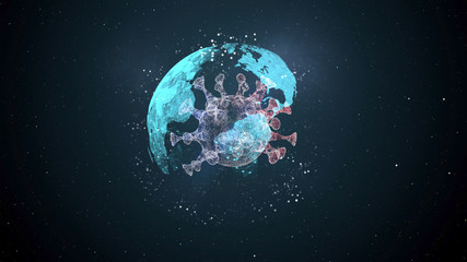 Fototapeta na wymiar 3d image of infected planet fighting against virus in illumination over dark background.