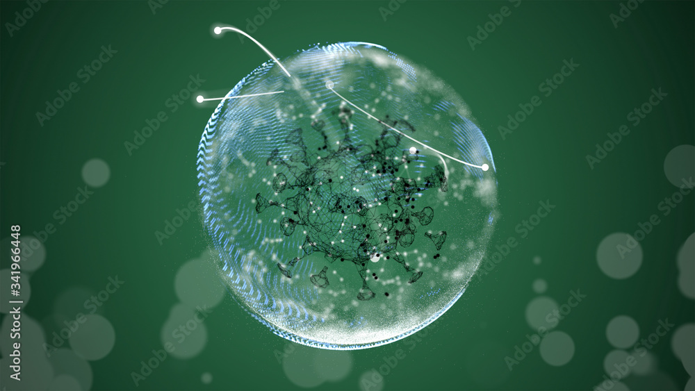 Poster global epidemic health care media and information network. 3d render of glowing virus model floating