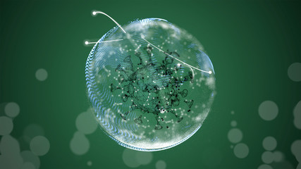 Global epidemic health care media and information network. 3d render of glowing virus model floating over digital background.