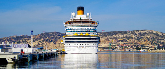 Stern or rear of gigantic huge modern cruiseship or cruise ship liner in port of Marseille Provence...
