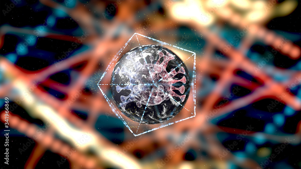 Poster 3d render of cell virus deflates and dies on inside a hexagon structure over background of colorful 