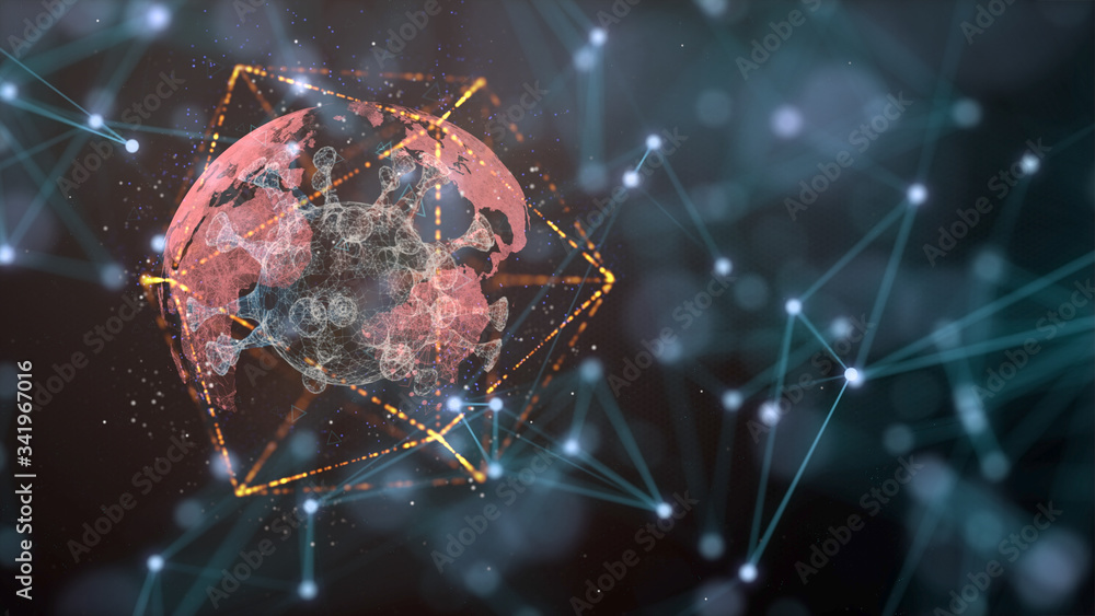 Poster dangerous virus floating and growing over black background with defocused glowing plexus net.