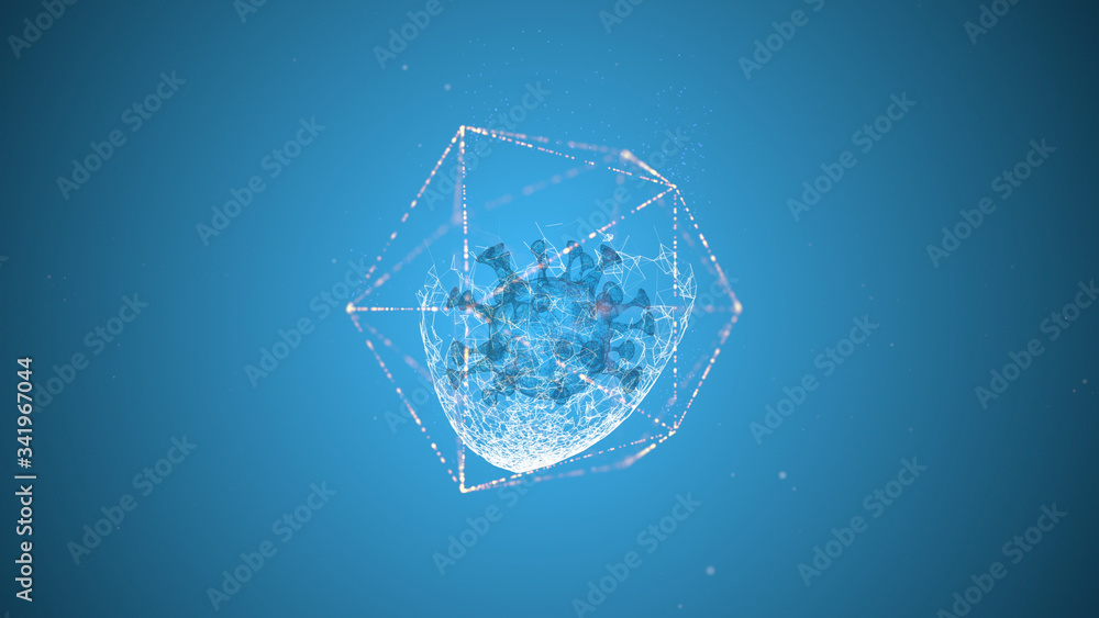 Poster how to protect yourself from virus. illuminating virus cell locked inside a hexagon frame over blue 