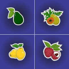 Set of tropical fruits sticker on a purple violet pop art halftone background, avocado and papaya,quince and lichee, pins or patches, retro style, vector illustration