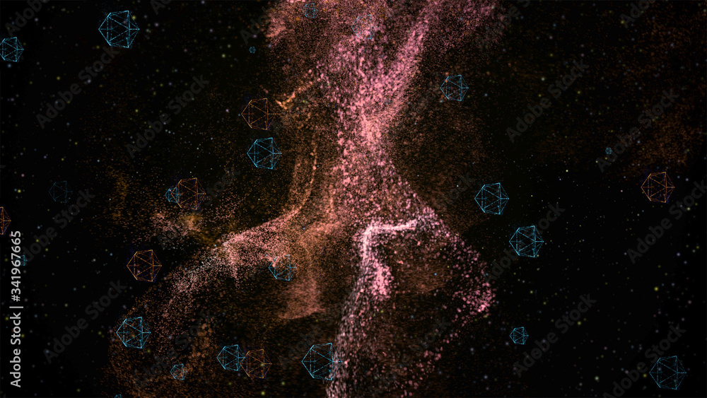 Poster abstract 3d visualization of a geometric low-poly shapes floating over black background with golden 