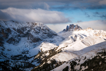 Dramatic winter mountain landscape , Italian Domolites. Alpine scenery